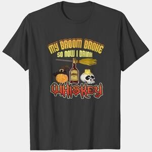 Adult Halloween Broom Broke Now I Drink Graphic T-Shirt